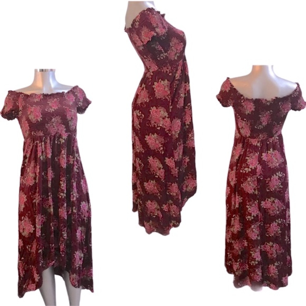 High Low Midi Burgundy Pink Floral Rose Sun Dress Lana Del Rey Cottageco Boho L